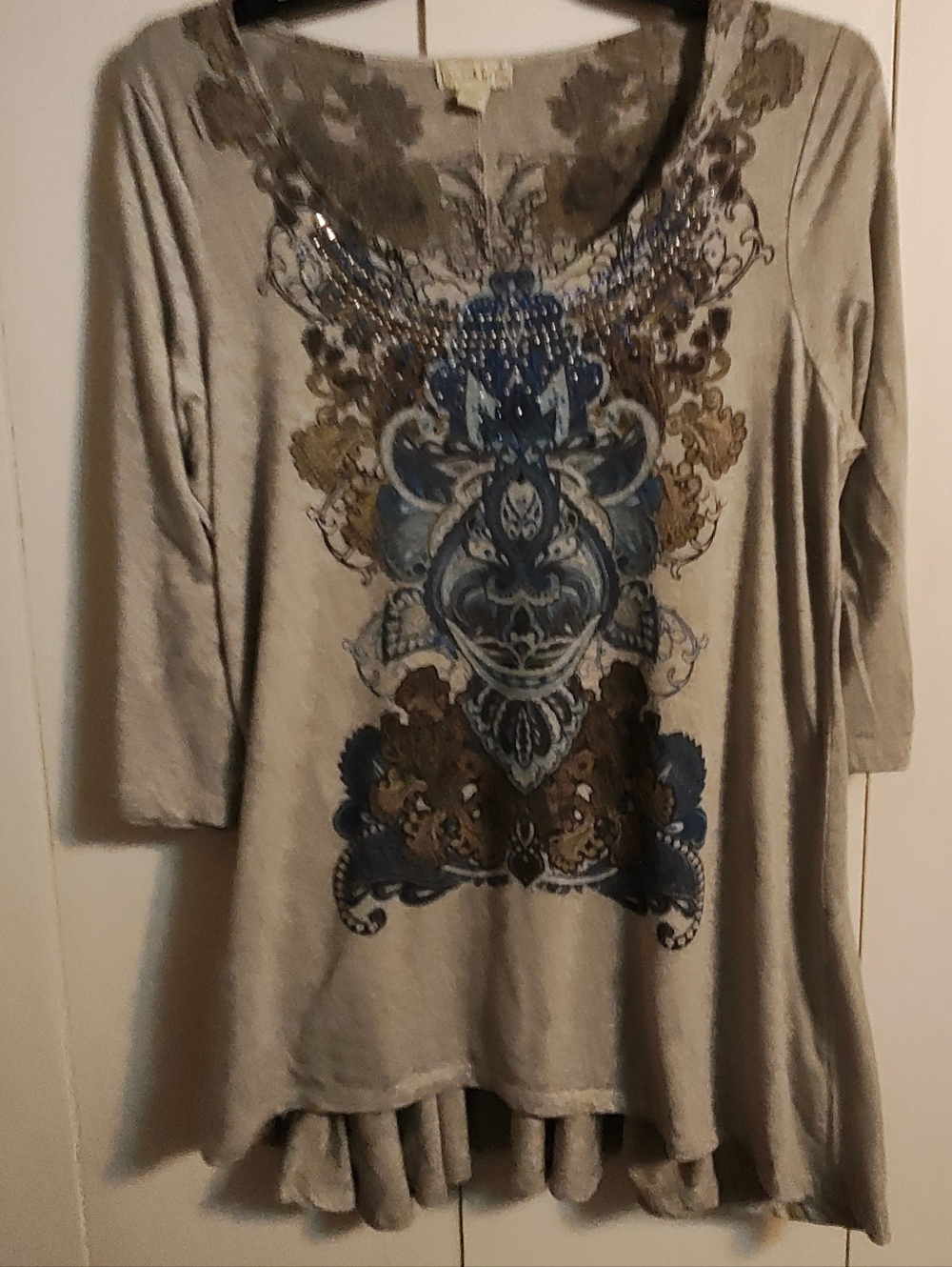 live and let live Gray Tunic with Blue and Brown Boho Print